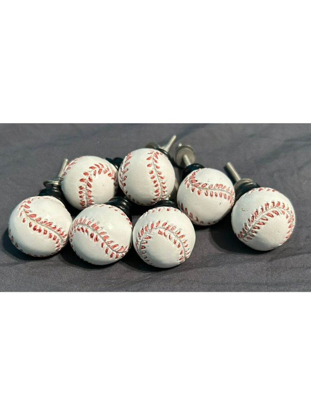 Set of 7 Baseball Drawer Knobs Cabinet Pulls White Red Resin Hardware Sports Dec
